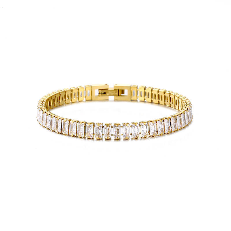 
The Katrina bracelet features a dazzling display of meticulously set high-quality cubic zirconia stones that radiate brilliance and sparkle with every movement. The