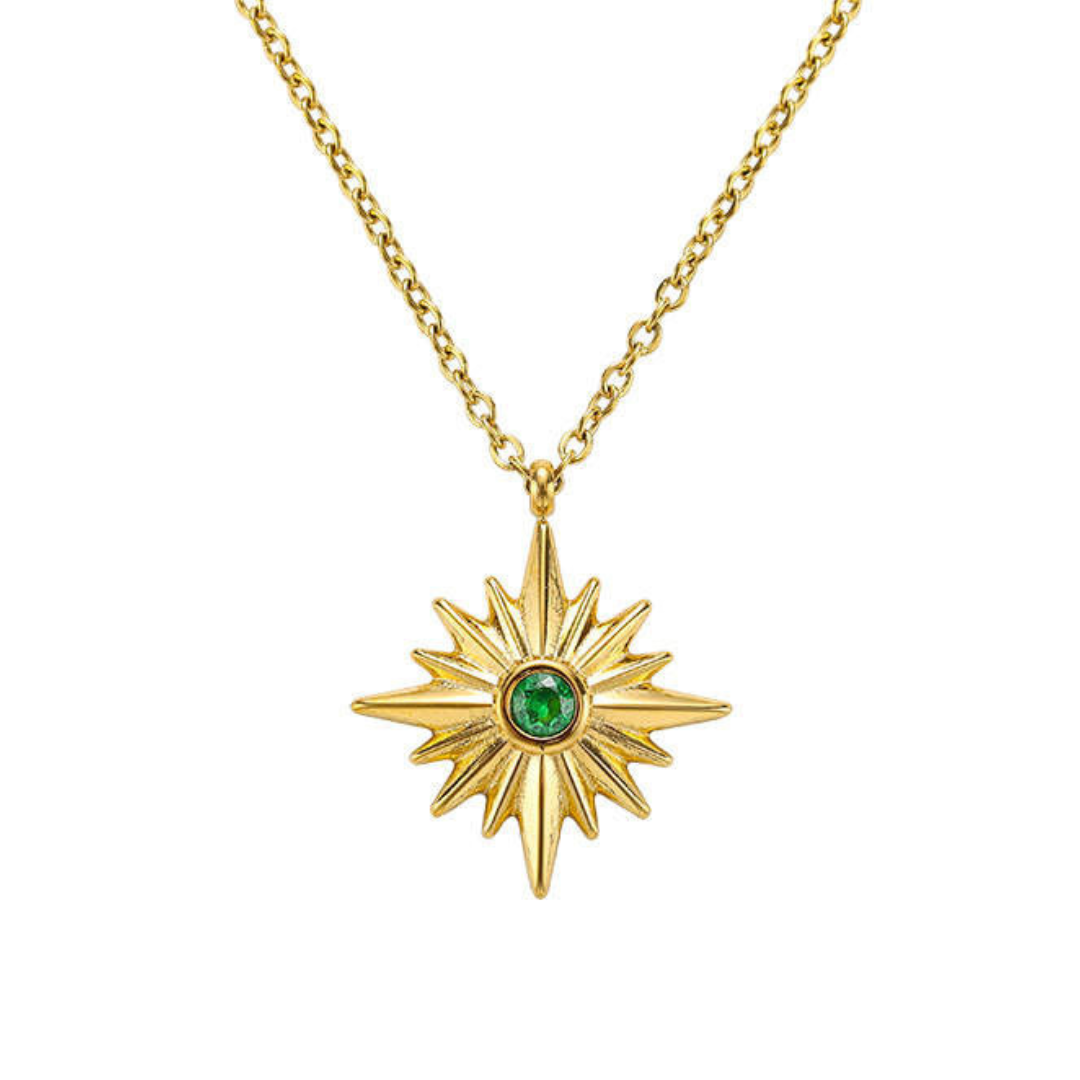 Elevate your style with our Celeste necklace featuring a North Star pendant adorned with a captivating green stone.

The North Star symbolises guidance and growth, p