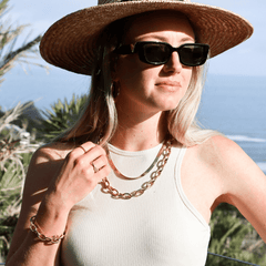 Our Cece necklace is a boasts a bold and striking design that exudes confidence and style. This eye-catching necklace is designed to elevate your look and become the